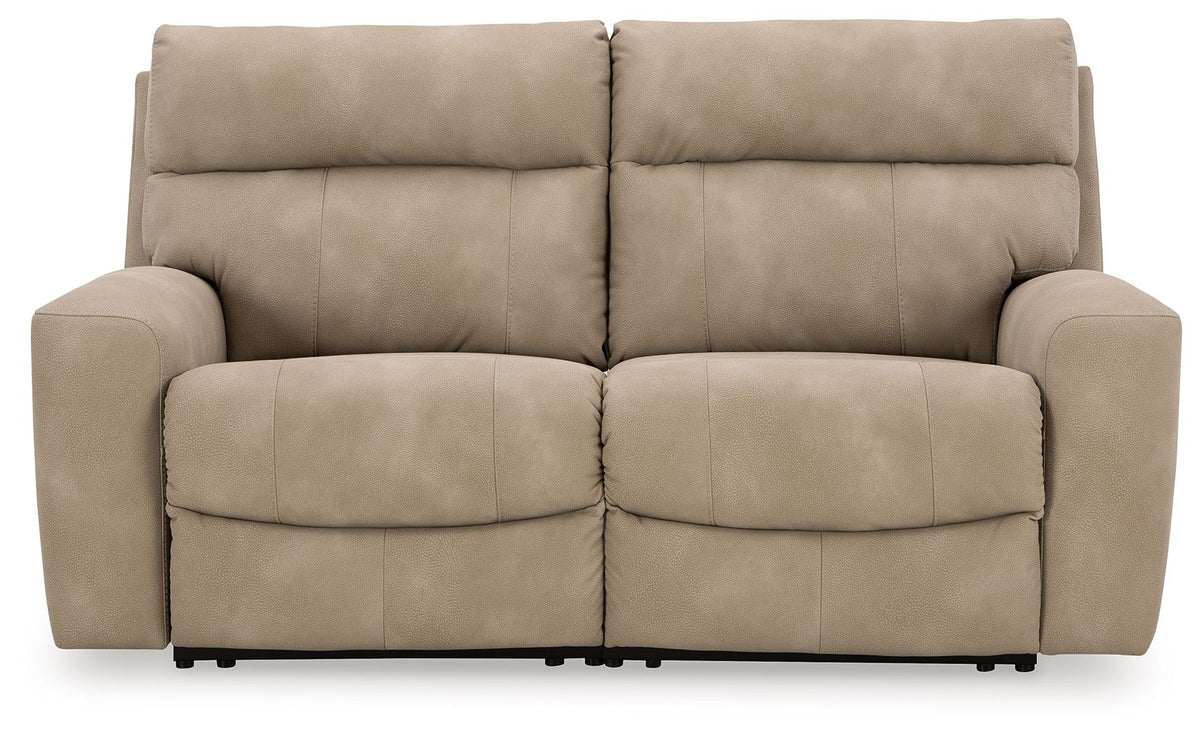 Next-Gen Durapella reclining loveseat in beige faux leather, front view