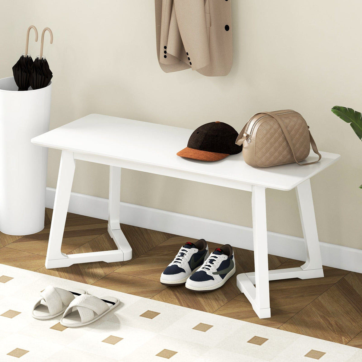 White Rubber Wood Entryway Bench
