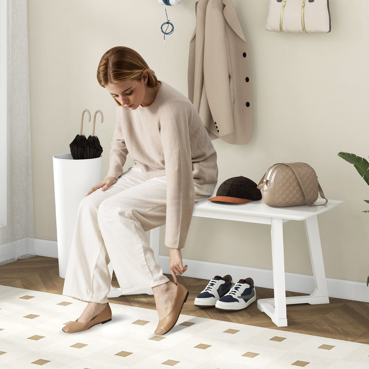 White Rubber Wood Entryway Bench