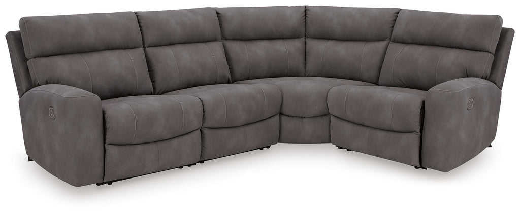 Next-Gen Durapella L-shaped reclining sectional in dark gray faux leather with power recline controls