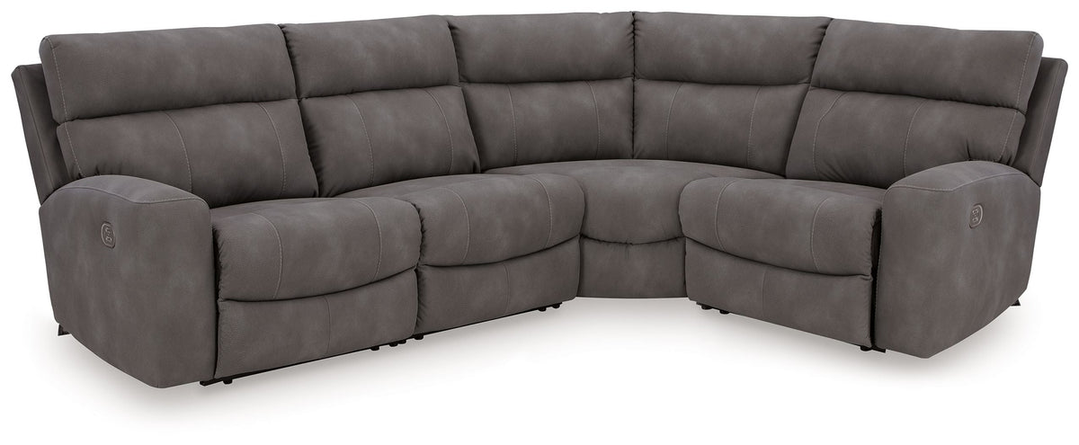 Next-Gen Durapella L-shaped reclining sectional in dark gray faux leather with power recline controls