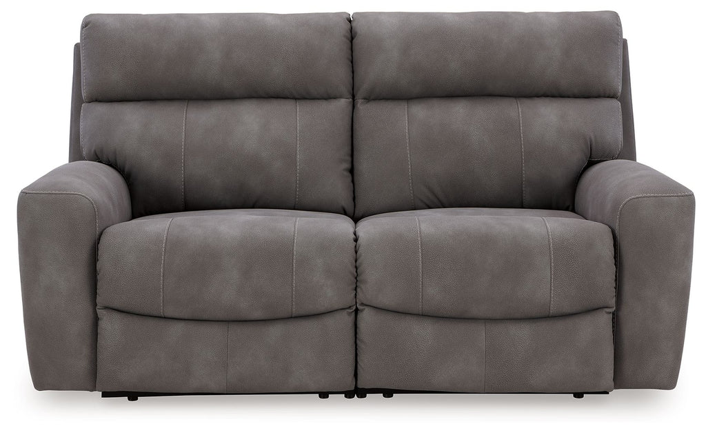 Next-Gen Durapella reclining loveseat in dark gray faux leather, front view