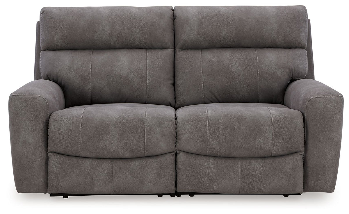 Next-Gen Durapella reclining loveseat in dark gray faux leather, front view